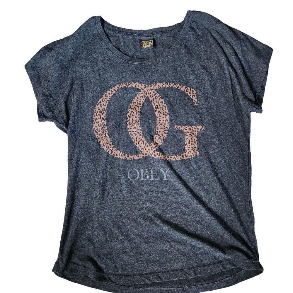 Obey OG Cheetah Print Graphic Short Sleeved Charcoal Grey T-Shirt Size Medium